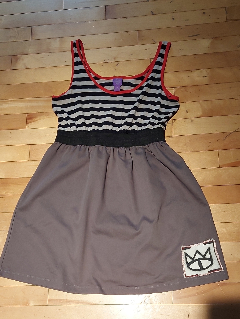 Oasis | Black & White Striped Tank Dress with Red Trim- M
